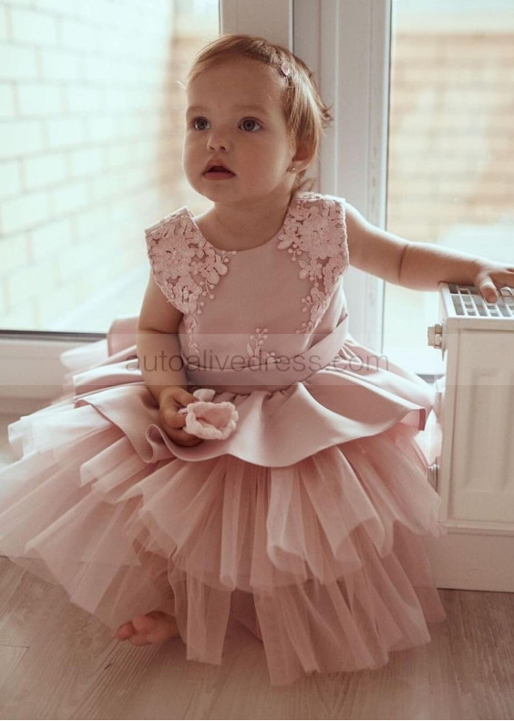 Blush Lace Tulle Peplum Flower Girl Dress